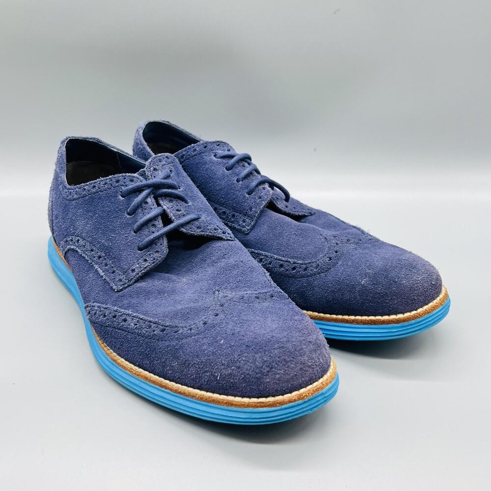 Cole Haan Shoes Mens 10.5 Blue Suede Lunargrand Wingtip Oxford Dress Brogue - Picture 2 of 11